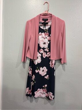 Perceptions Navy Floral Midi Dress with Pink Jacket